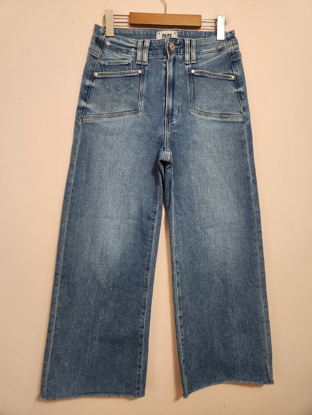 PAIGE Anessa Sunnie Distressed High Rise Wide Leg Raw Hem Patch Pocket Jeans